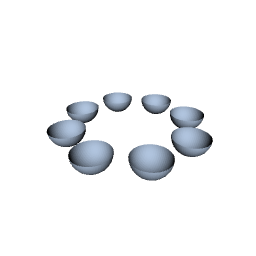 several high-resolution spheres arranged in a circle and trimmed by a smaller bounding box