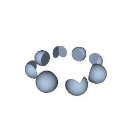 several high-resolution spheres arranged in a circle with a cube subtracted from them