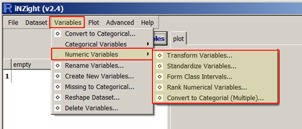 Manipulate Numeric Variables Menu